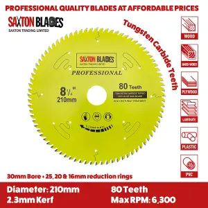 Saxton TCT21080TPRO Professional Range TCT Circular Blade 210mm x 80 Teeth x 30mm Bore + 16, 20, 25 & 25.4mm Rings