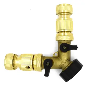 2 Way Garden Tap Connector, Brass Garden Hose Tap Y Splitter Connector with Individual On/Off Valves and 2 Matching Connectors