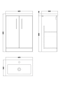 Compact Floor Standing 2 Door Vanity Basin Unit with Polymarble Basin - 600mm - Woodgrain Charcoal Black