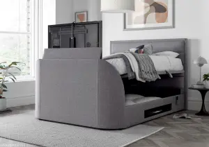 Kirkby TV Bed Frame: Upholstered Grey Fabric with Hidden TV Ottoman Storage