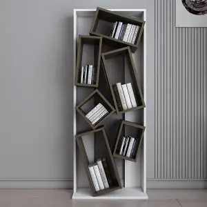 Decorotika Carmen Assymetrical Design Bookshelf, Shelving Unit, Display Unit with 6 Shelves - White and Oak Pattern