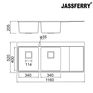 JASSFERRY Kitchen Sink 1.2 mm Stainless Steel 2.0 Bowl Righthand Drainer Square Strainer