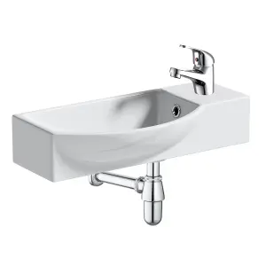 460mm Curved Wall Hung 1 Tap Hole Basin Chrome Dom Tap & Bottle Trap Waste