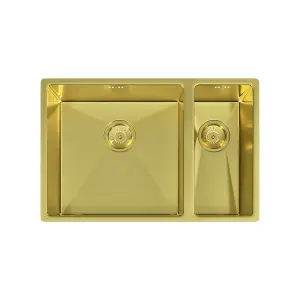 Mockeln - 1.5 Bowl Stainless Steel Kitchen Sink - Inset or Undermounted - Brushed Brass Finish - 670mm x 440mm x 200mm