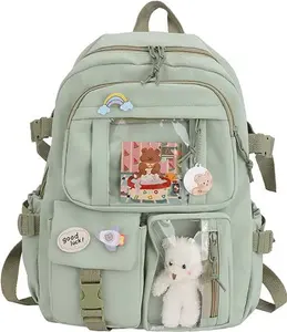 Kawaii Backpack With Pendant, Large Capacity Cute Bear Accessories Backpack For School Multi Pocket Rucksack For Teen Girls Cute Kawaii School