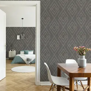 GoodHome Andal Grey Metallic effect Geometric Textured Wallpaper