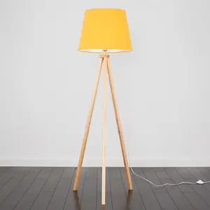 ValueLights Modern Light Wood Tripod Design Floor Lamp With Mustard Shade