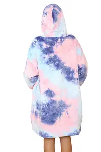 MS9 Women's Oversized Hoodie Wearable Blanket Hoodie Top With Sherpa Lining Pink and Blue