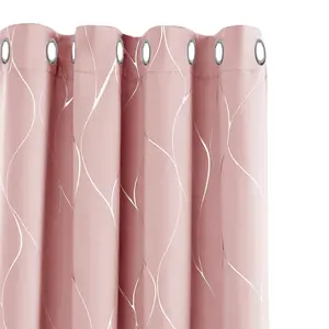 Deconovo Thermal Insulated Curtains Wave Line Foil Printed Blackout Curtains Eyelet Curtains Coral Pink W52 x L90 One Pair