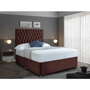 Jemma Divan Bed Set with Headboard and Mattress - Chenille Fabric, Brown Color, Non Storage