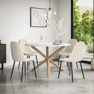 Malvern Round Dining Table And Chairs -  Marble Table Top w Solid Oak Legs + Maya Boucle Dining Chair Set Of 4 (Ivory White)