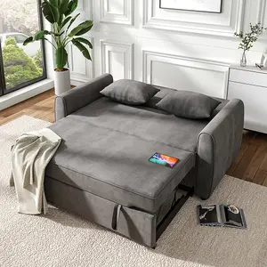 Grey 2 Seat Fabric Put Out Sofa Bed Loveseat Couch with 2 Pillows