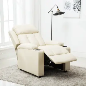 Studio Leather Recliner W Drink Holders Armchair Sofa Chair Cinema Gaming Cream