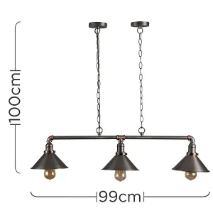 ValueLights Corinthia Retro Style Pewter Brass and Copper Metal 3 Way Over Table Ceiling Light Fitting