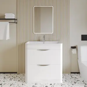 Floor Standing 2 Drawer Vanity Unit with Ceramic Basin - 800mm - Gloss White