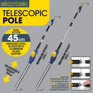 Skotek 18V Cordless Hedge Trimmer Electric Garden Hedge Cutter Long Reach Telescopic