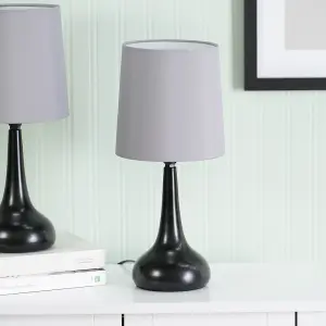 Pair - Black Teardrop Touch Dimmer Table Lamps with Grey Shade for Bedside Table Bedroom Light - LED Bulbs Included