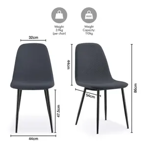 VonHaus Dining Chairs Set of 2, Charcoal Blue Kitchen Chairs with Black Metal Legs, Cord Effect Pair of Chairs for Dining