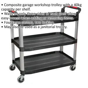 Versatile 3 Level Wheeled Workshop Trolley - 1140mm x 513mm x 960mm with 40kg Shelf Capacity