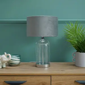 ValueLights Jessy Glass and Silver Chrome Metal Bedside Table Lamp with a Grey Velvet Lampshade - Bulb Included