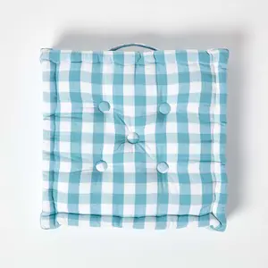 Homescapes Blue Block Check Cotton Gingham Floor Cushion, 40 x 40 cm