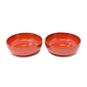 Selena Glazed Hand Dipped Kitchen Dining Set of 2 Shallow Bowls Red (Diam) 14cm