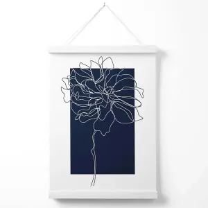 Navy Blue and White Abstract Floral Line Art Poster with Hanger / 33cm / White