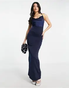 Naanaa Cowl Neck Satin Maxi Dress In Navy - Navy (Size: 16)