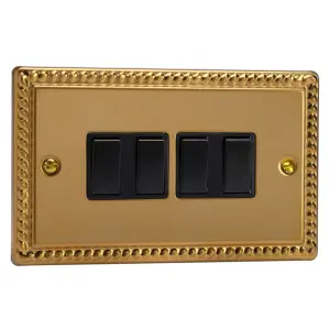 Varilight 4-Gang 10A 1- or 2-Way Rocker Switch (Twin Plate) Rope-Edge Brass