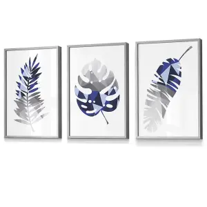 Set of 3 Geometric Tropical Leaves In Navy Blue Grey Wall Art Prints / 30x42cm (A3) / Light Grey Frame