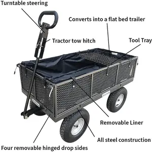 The Handy Deluxe Garden Trolley THDLGT Large Steel Garden Cart 400kg Capacity - Puncture Proof Wheels Removeable Sides & Tool Tray