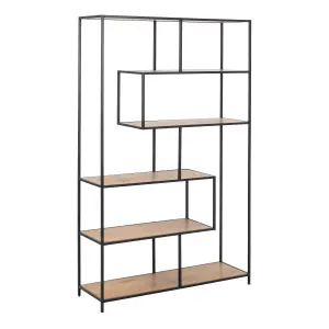 Seaford Black Metal Large Asymmetrical Bookcase with 5 Oak Shelves