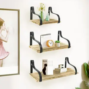 3Pcs Rustic Floating Storage Shelves Metal Wood Wall Shelf Set Display Rack Brackets