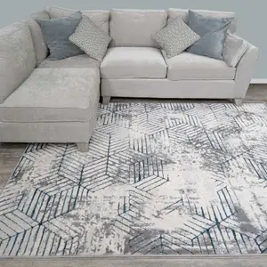 Blue Grey Distressed Abstract Metallic Geometric Living Area Rug 80x150cm