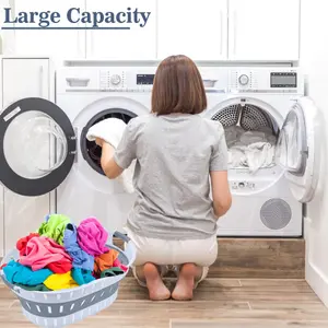 Grey & White Plastic Laundry Basket Oval Shape Foldable Laundry Hamper - 36L