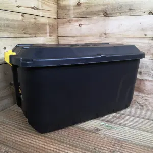 75L Heavy Duty Trunk on Wheels Sturdy, Lockable, Stackable and Nestable Design Storage Chest with Clips in Black