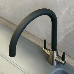 Liquida LB01GM Swan Neck Twin Lever Brushed Steel & Gun Metal Kitchen Mixer Tap