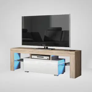 TV Unit 130cm Sideboard Cabinet Cupboard TV Stand Living Room High Gloss Doors - Oak & White