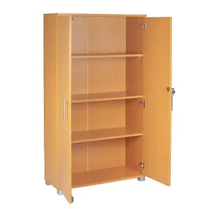 Beech Wooden 2 Door Lockable Storage Cabinet - 140 cm Tall Shoe Garage Storage, Filing Cabinet, Office Storage Cupboard 3 Shelves