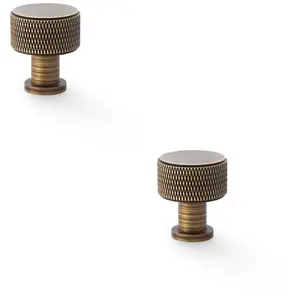 2 PACK - Round Knurled Door Knob - 29mm Diameter Antique Brass Radio Cupboard Pull Handle