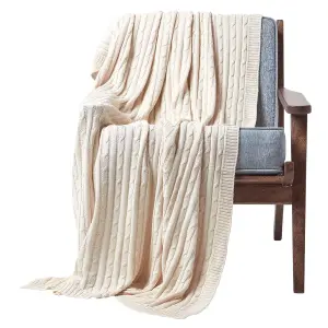 Homescapes Cotton Cable Knit Throw, Natural, 130 x 170 cm