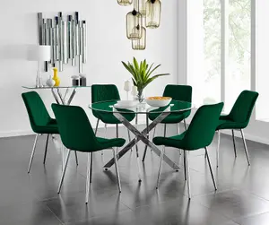 Furniturebox UK Novara 120cm Round Dining Table and 6 Green Pesaro Silver Leg Chairs