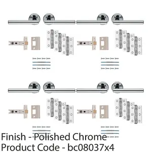 4 PACK - Premium Door Handle & Latch Pack Set- Polished Chrome Straight Bar Lever Round Rose