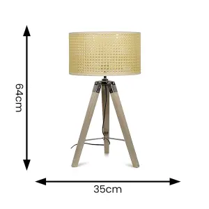 ValueLights Clipper Modern Distressed Wood and Silver Chrome Tripod Table Lamp with Cream Rattan Shade