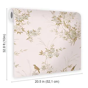 Shabby Chic by Rachel Ashwell Bird Chinoiserie Pink Gold Floral Wallpaper