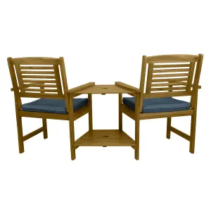 Wooden Companion Love Seat Garden Chairs with 2 Tier Table and Parasol Hole