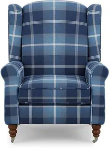 Dunelm Oswald Grande Check Wingback Armchair, Country, Blue, Navy Oswald Wingback, Textured Weave Fabric