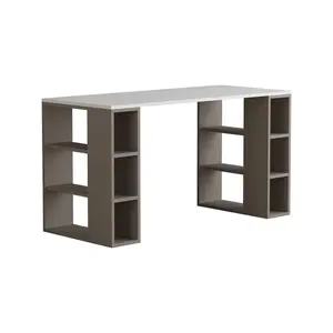 Simone Modern Desk with Built-in Bookcase – Stylish Workspace Desk with 6 Open Shelves Light Mocha / White