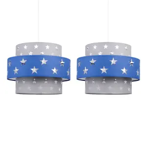 First Choice Lighting Pair of Navy Blue and Grey Star Two Tier Light Shades