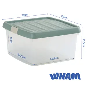 Wham Clip 2x 9L Square Plastic Storage Boxes with Secure Clip Lock Lids. L:29 x W:29 x H:15.5cm Clear/Green Milieu/Stone